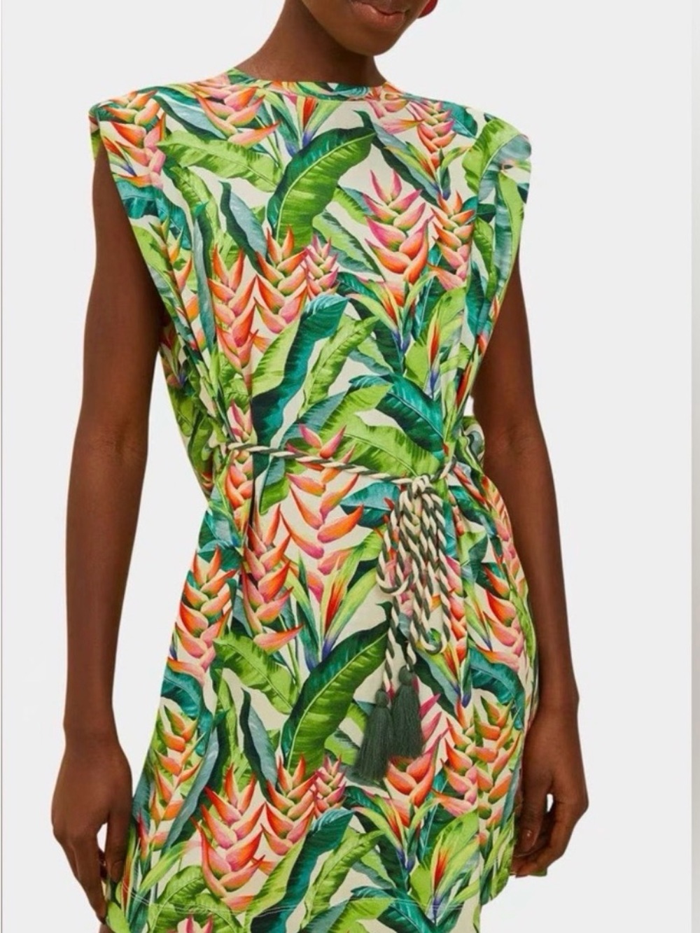 FARM Rio Tropical Leaf & Heliconia Print Midi Dress - Green Multicolor